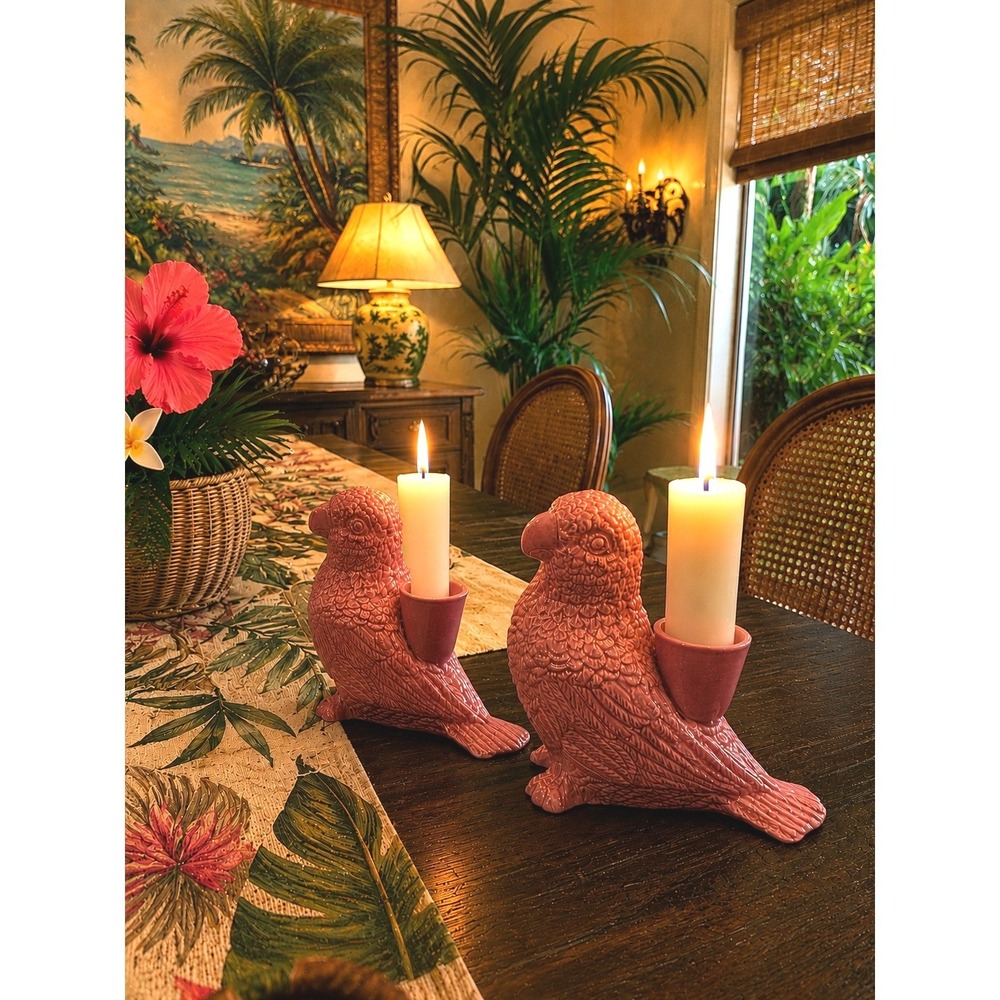 Jones & Co Pink Ceramic Parrot 2 Candle Holders‎ Tropical Coastal Palm Beach